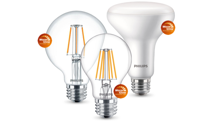Philips WarmGlow LED bulbs product family with Warmglow labels